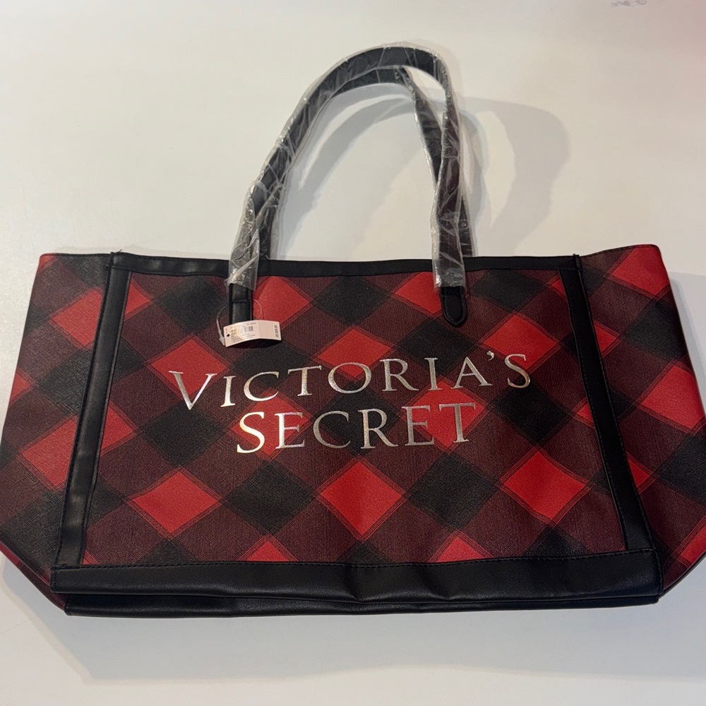 Victoria's Secret Red and Black Plaid Christmas Tote Bag